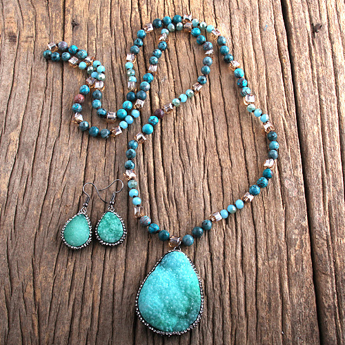 Teardrop Bohemian Style Glass with Natural Apatite Pendant Necklace & Dangle Earrings Sets FS-WG0DE9F-01-1