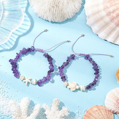 2Pcs Natural Amethyst Chip Braided Bead Bracelets BJEW-JB11541-01-1