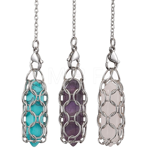 304 Stainless Steel Chain Macrame Pouch Bullet Natural Rose Quartz & Amethyst & Synthetic Turquoise Holder Dowsing Pendulums PALLOY-JF02881-1