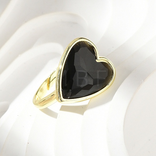 Heart Brass Natural Obsidian Finger Rings RJEW-D304-01G-G-1