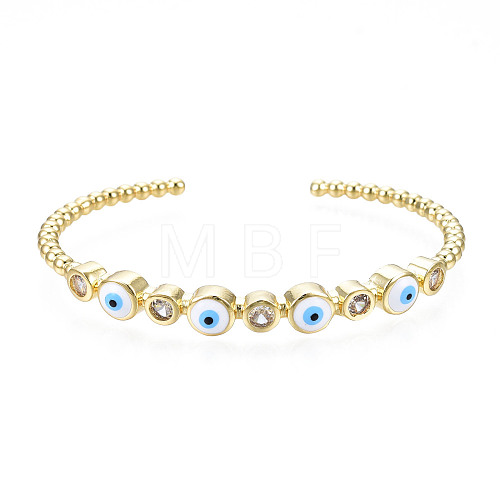 Enamel Flat Round with Evil Eye Open Cuff Bangle with Clear Cubic Zirconia BJEW-N012-021A-1