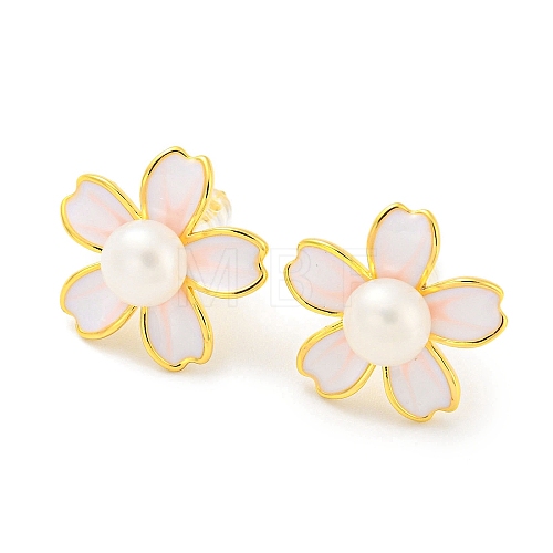 Brass Flower Stud Earrings with Natural Pearl EJEW-Z020-07G-1