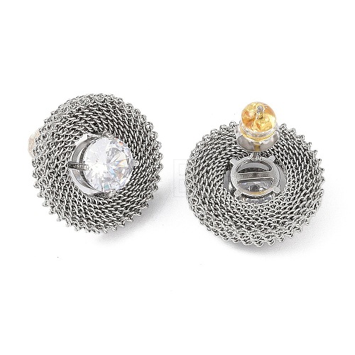 304 Stainless Steel Pave Cubic Zirconia Twisted Chain Disc Stud Earrings for Women EJEW-G390-06P-01-1