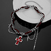 Vintage Alloy Cross Pendant Imitaiton Leather Double Layer Choker Necklaces with Punk Spike Tassel for Women WG01279-01-2