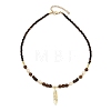 Dyed Synthetic Turquoise & Coconut & Wood Round Beaded Brass Feather Pendant Necklaces for Women NJEW-JN05460-01-4