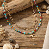 304 Stainless Steel Cross Pendant Paux Pearl & Glass & Mixed Stone Beaded Double Layer Necklaces for Women WU1738-2-1