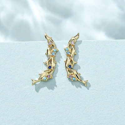 Brass Pave Cubic Zirconia Stud Crawler Earrings KK-CBAA351-20G-02-1