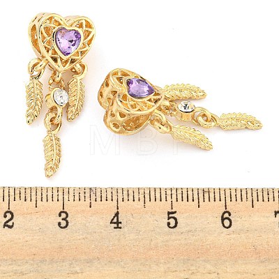 Rack Plating Alloy Pave Violet Rhinestone Heart with Feather European Dangle Charms FIND-B034-19G-03-1
