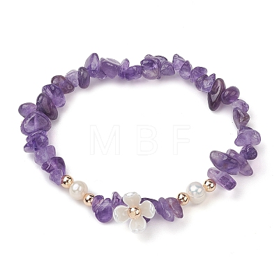 Mixed Gemstones Chip Beaded Plastic Flower Stretch Bracelets BJEW-JB10205-1