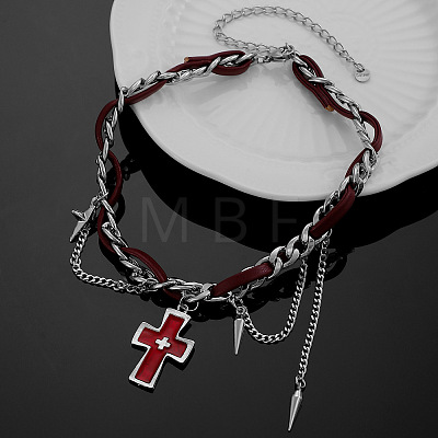 Vintage Alloy Cross Pendant Imitaiton Leather Double Layer Choker Necklaces with Punk Spike Tassel for Women WG01279-01-1