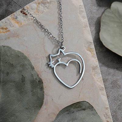 201 Stainless Steel Heart with Cat Outline Pendant Necklaces for Women FS-WG6120F-02-1