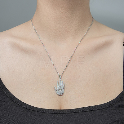 Non-Tarnish 201 Stainless Steel Hollow Hamsa Hand with Eye Pendant Necklace NJEW-OY001-78-1