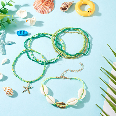 2 Bags Summer Beach Glass Seed Beaded & Natural Shell & Alloy Starfish Charm Anklet Sets AJEW-TA0003-69E-1