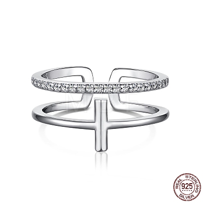 Rhodium Plated 925 Sterling Silver Cross Open Cuff Rings with Cubic Zirconia RJEW-F150-51P-1