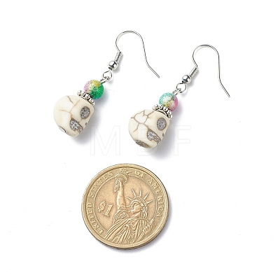 Synthetic Magnesite Skull with Acrylic Beaded Dangle Earrings EJEW-JE05054-01-1