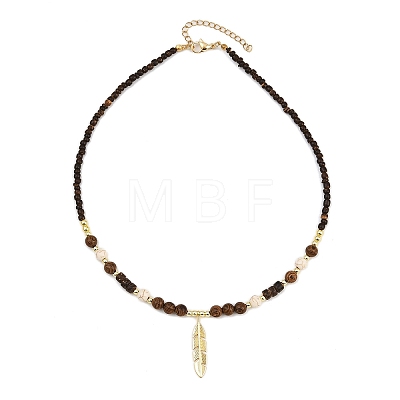Dyed Synthetic Turquoise & Coconut & Wood Round Beaded Brass Feather Pendant Necklaces for Women NJEW-JN05460-01-1