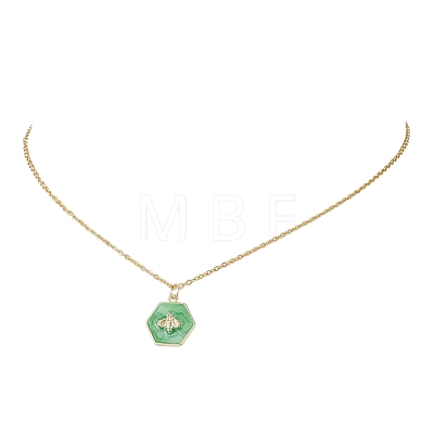 Brass Enamel Green Hexagon with Bee Pendant 304 Stainless Steel Cable Chain Necklaces for Women NJEW-JN05994-1