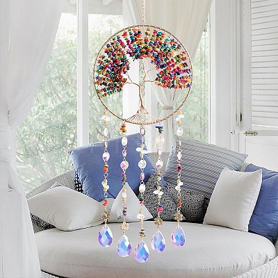 Copper Wire Wrapped Tree of Life Plastic Imitation Stone Beads Suncatchers HJEW-F027-11-1