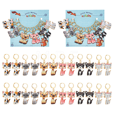 12Pcs 6 Style Cat Alloy Enamel Pendant Locking Stitch Markers HJEW-AB00140-1