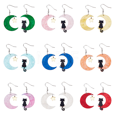 9 Sets 9 Colors Moon & Star & Cat Resin Asymmetrical Earrings EJEW-FI0002-35-1
