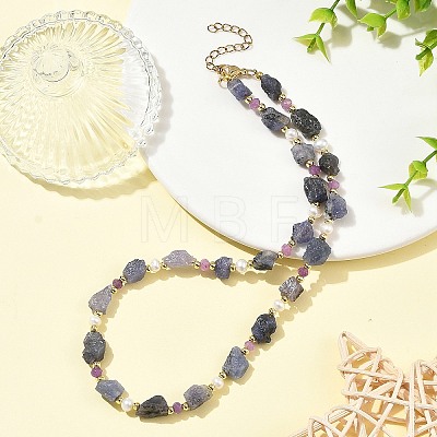 Raw Rough Natural Tanzanite & Faceted Rondelle Dyed Purple Malaysia Jade & Pearl Beaded Necklaces for Women NJEW-JN06589-1