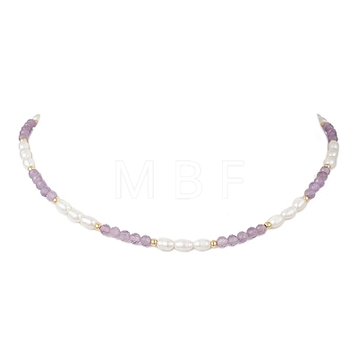 Faceted Round Natural Amethyst and Rice Natural Pearl Beaded Necklaces for Women NJEW-JN05816-03-1