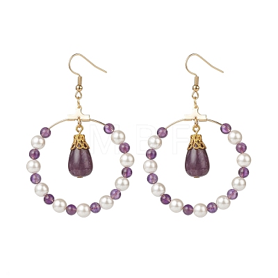 Shell Pearl & Natural Amethyst Beaded Big Ring with Teardrop Dangle Earrings EJEW-JE05044-1