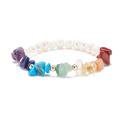 Gemstone Chips & Natural Pearl Stretch Bracelet BJEW-JB07651-1