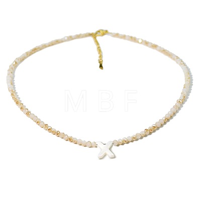 Natural White Shell Letter Faceted Glass Beaded Necklaces with 304 Stainless Steel End Chains SS7282-23-1