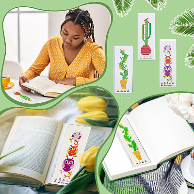 3 Sets 3 Style DIY Oval & Cactus Pattern Bookmark Cross-Stitch Kit DIY-NB0008-96-1