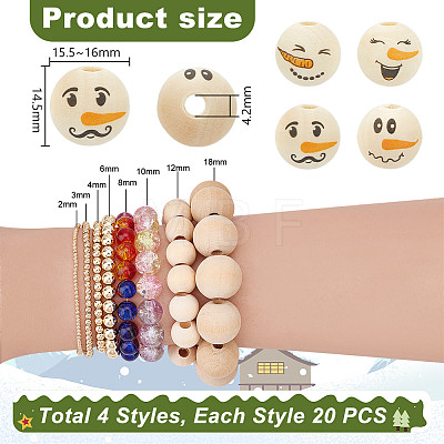 80Pcs 4 Styles Snowman Theme Printed Wood European Beads WOOD-PH0003-04B-1