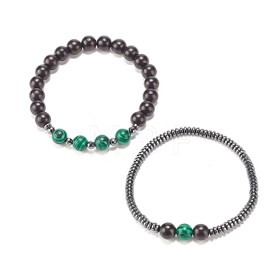 2Pcs 2 Style Natural Wood & Synthetic Hematite & Malachite Beaded Stretch Bracelets Set BJEW-JB07948-01-1