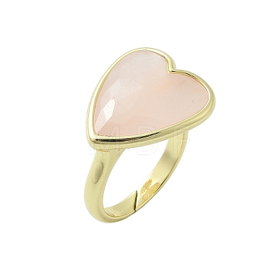 Heart Brass Natural Rose Quartz Finger Rings RJEW-D304-01G-B-1