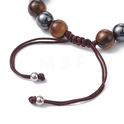 Natural Tiger Eye & Obsidian Round & Brass Cross Braided Bead Bracelets BJEW-JB09704-02-1