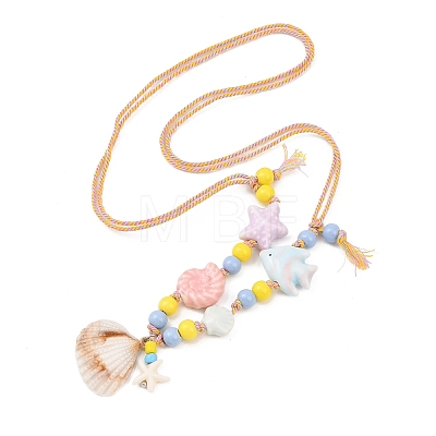 Ceramics Starfish Fish & Resin Shell Shape Pendant Adjustable Cotton Cord Necklaces for Women LS-NJEW-Z100-01A-G-1