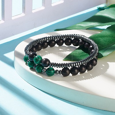 2Pcs 2 Style Natural Wood & Synthetic Hematite & Malachite Beaded Stretch Bracelets Set BJEW-JB07948-01-1