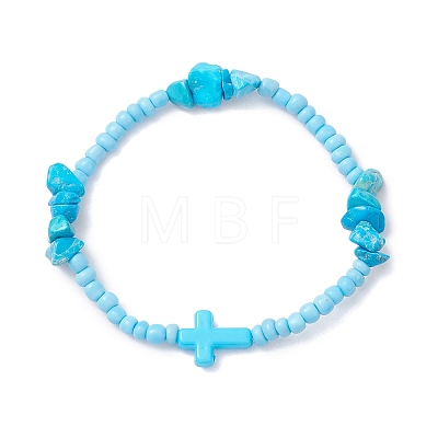 2Pcs Natural Rose Quartz & Synthetic Turquoise Chip Beaded Stretch Bracelets for Women BJEW-JB12909-1