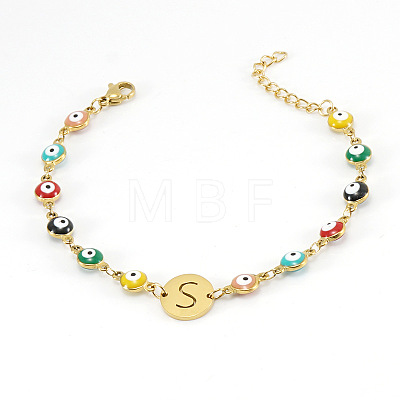 Colorful 304 Stainless Steel & Evil Eye Enamel Flat Round Link Bracelets FS-WGB13F5-19-1