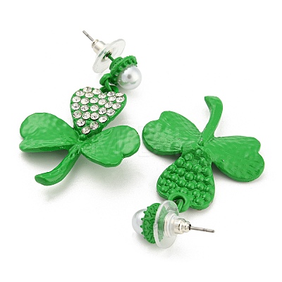 Saint Patrick's Day Zinc Alloy Clover Dangle Stud Earrings with Rhinestones EJEW-Q784-03P-01-1