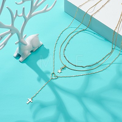 3Pcs 3 Style Brass Star & Heart & Cross Pendant Necklaces Set with Satellite Chains NJEW-JN04074-1