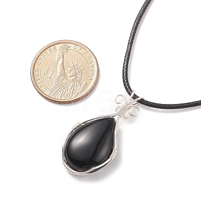 Natural Obsidian Teardrop Pendant Necklaces Set with Waxed Cords for Women NJEW-TA00034-02-1