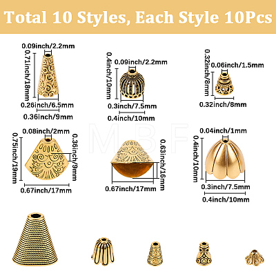 100Pcs 10 Styles Tibetan Styles Alloy Bead Cone & Caps FIND-SP0020-73B-1