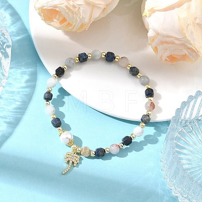 Brass Micro Pave Clear Cubic Zirconia Charm Natural Aquamarine Round and Faceted Cube Lapis Lazuli Beaded Stretch Bracelets for Women BJEW-JB14378-02-1