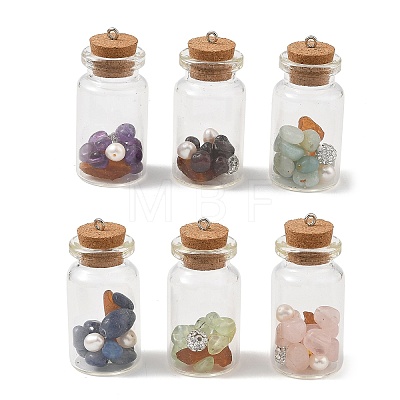 Natural Prehnite /Cultured Freshwater Pearl/Polymer Clay Rhinestone/Natural Amber/Amethyst /Blue Aventurine /Garnet/Rose Quartz & Iron & Glass Jar Glass Bottles Pendants PALLOY-JF05963-1