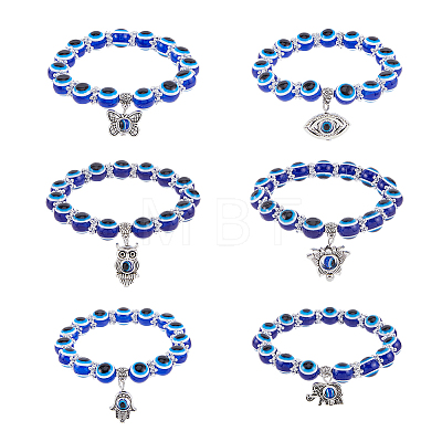 FIBLOOM 6Pcs 6 Style Resin Evil Eye Beaded Stretch Bracelets Set with Alloy Charms BJEW-FI0001-50-1