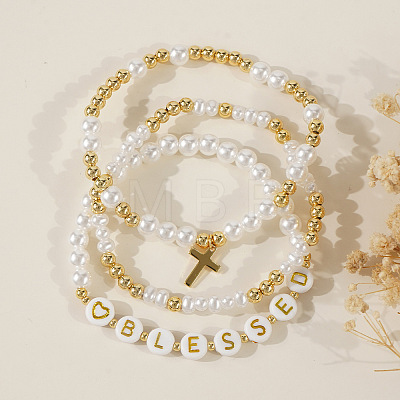 3Pcs Imitation Pearl Letter & Metal Cross Multi-Strand Bracelet Sets NP1361-1