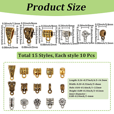 150Pcs 15 Styles Tibetan Style Alloy Tube Bails TIBE-PA0001-19-1