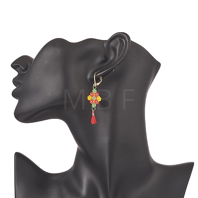 Glass Seed Braided Rhombus with Cotton Tassel Dangle Leverback Earrings EJEW-MZ00042-1