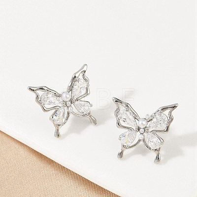 Butterfly Brass Micro Pave Cubic Zirconia Stud Earrings EJEW-M082-17P-02-1