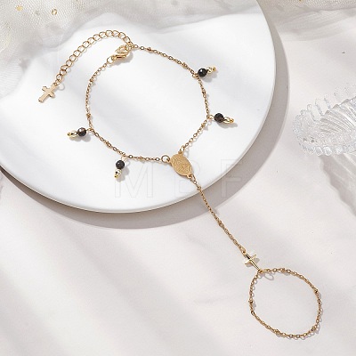 304 Stainless Steel with Natural Black Agate Link Ring Bracelets for Wome BJEW-JB13004-02-1
